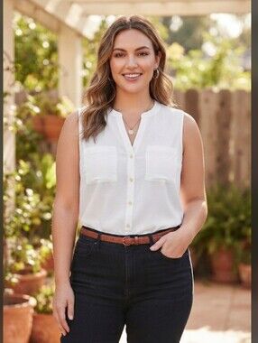 Eddie Bauer Sleeveless Button-Front Pocket Blouse - White